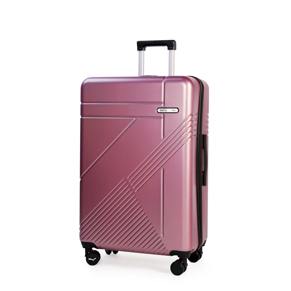 Rose gold suitcase with a geometric design on a white background