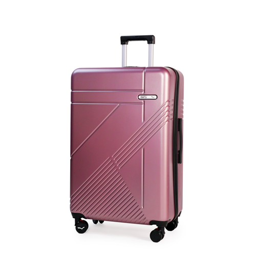 Rose gold suitcase with a geometric design on a white background