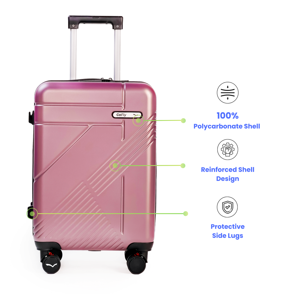 Rose gold suitcase with features highlighted on a white background