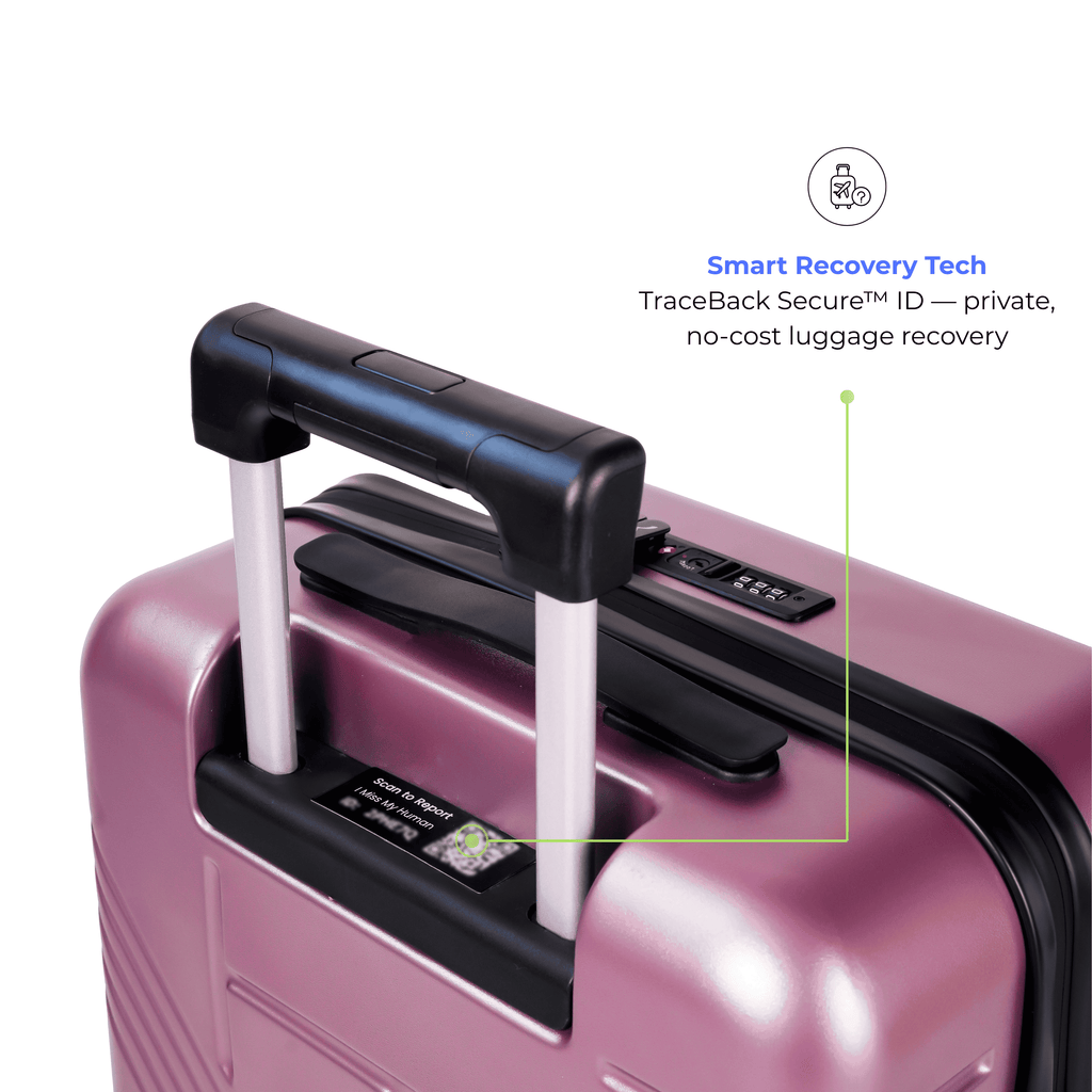 Pink suitcase with smart recovery technology features on a white background