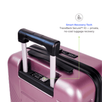 Pink suitcase with smart recovery technology features on a white background