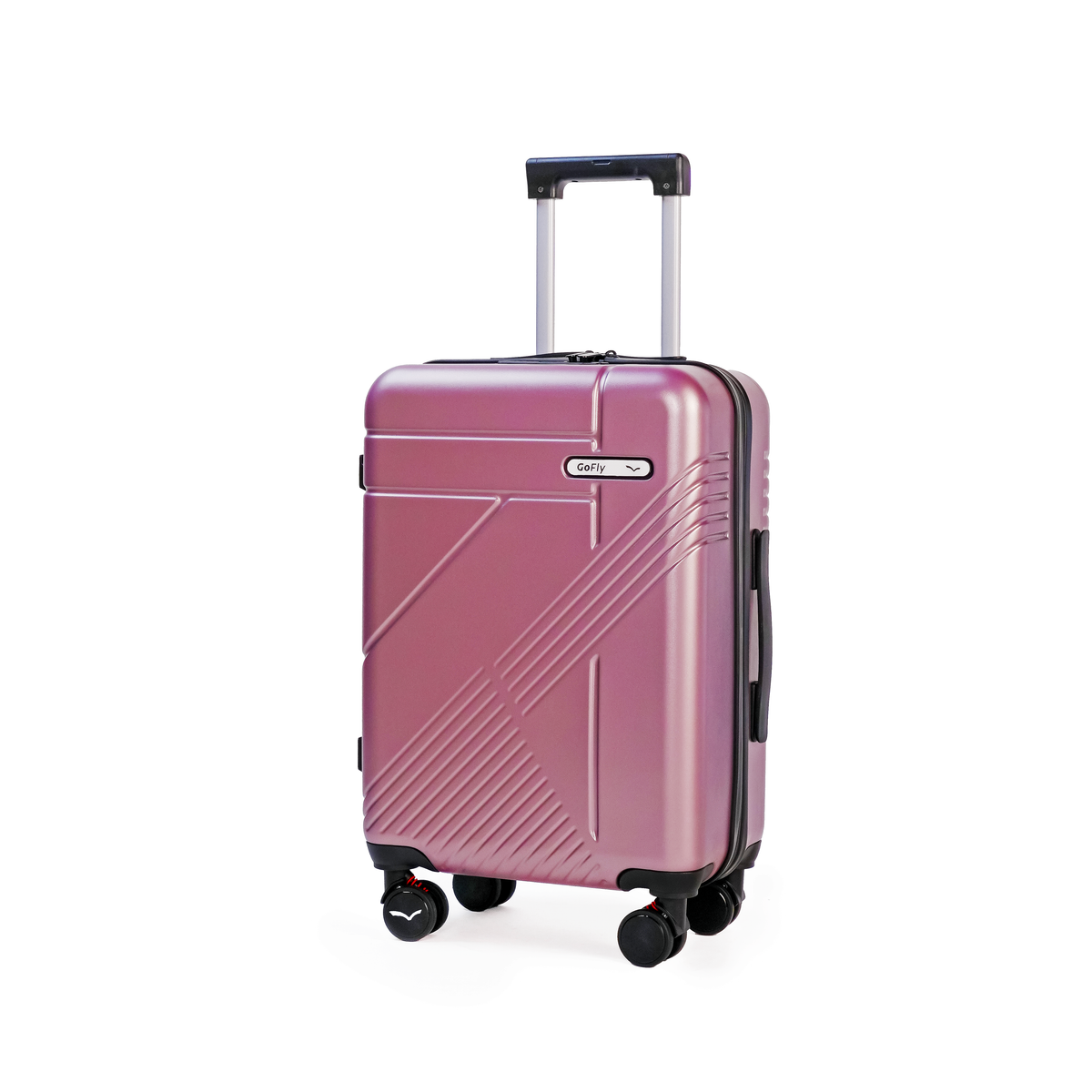 Pink suitcase with a handle on a white background