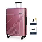 Rose Gold suitcase with brand logo and warranty information on a white background