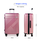 Rose gold suitcase with dimensions and weight information on a white background