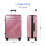Rose gold suitcase with dimensions and weight information on a white background