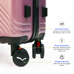 Close-up of a rose gold suitcase with labeled features on a white background