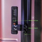 Close-up of a purple suitcase with TSA-approved lock and waterproof zippers labeled.