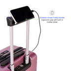 Pink suitcase with an aviation-grade trolley handle and built-in mobile holder on a white background