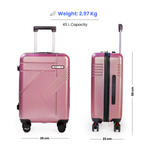 Rose gold suitcase with dimensions and weight information on a white background