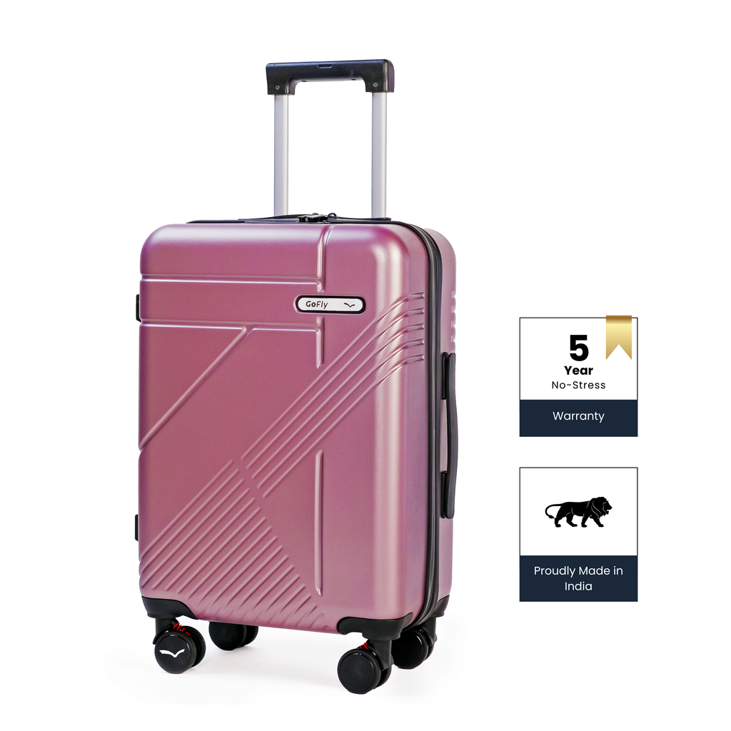 rose gold suitcase with a 5-year no-stress warranty badge on a white background