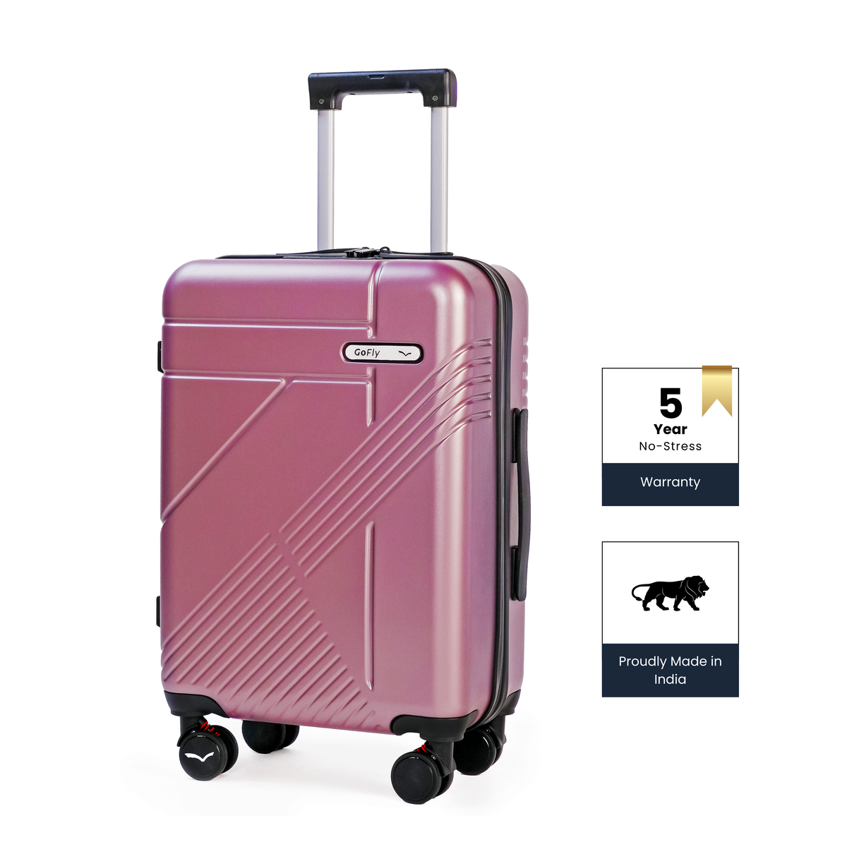 rose gold suitcase with a 5-year no-stress warranty badge on a white background