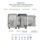 Smart organization features of a suitcase with labeled compartments on a white background.