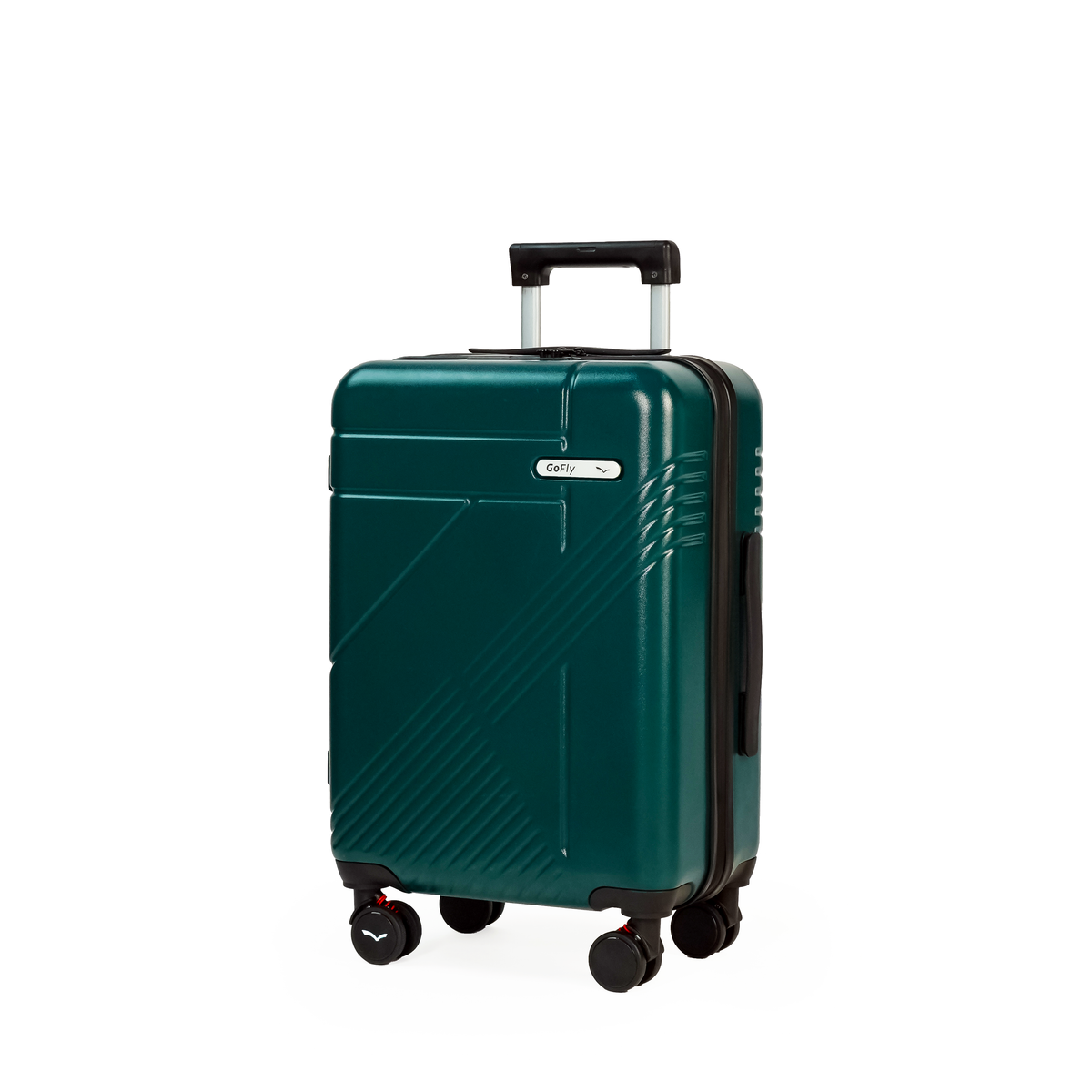 Green suitcase with a visible brand logo on a white background