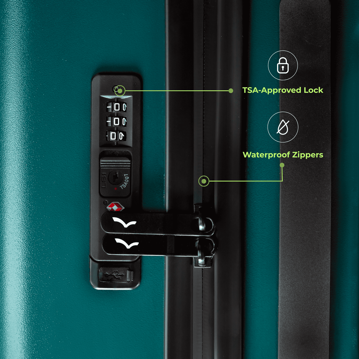 Teal suitcase with TSA-approved lock and waterproof zippers labeled
