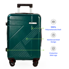 Green suitcase with features highlighted on a white background