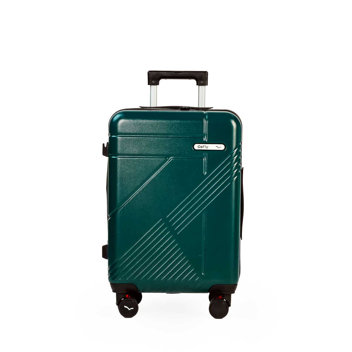 Green suitcase with a black handle on a white background
