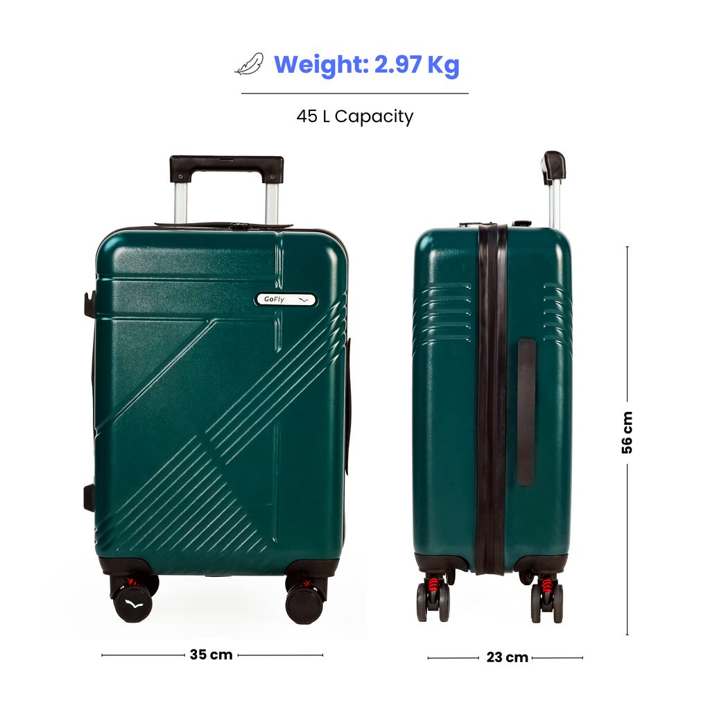 Green suitcase with dimensions and weight information on a white background