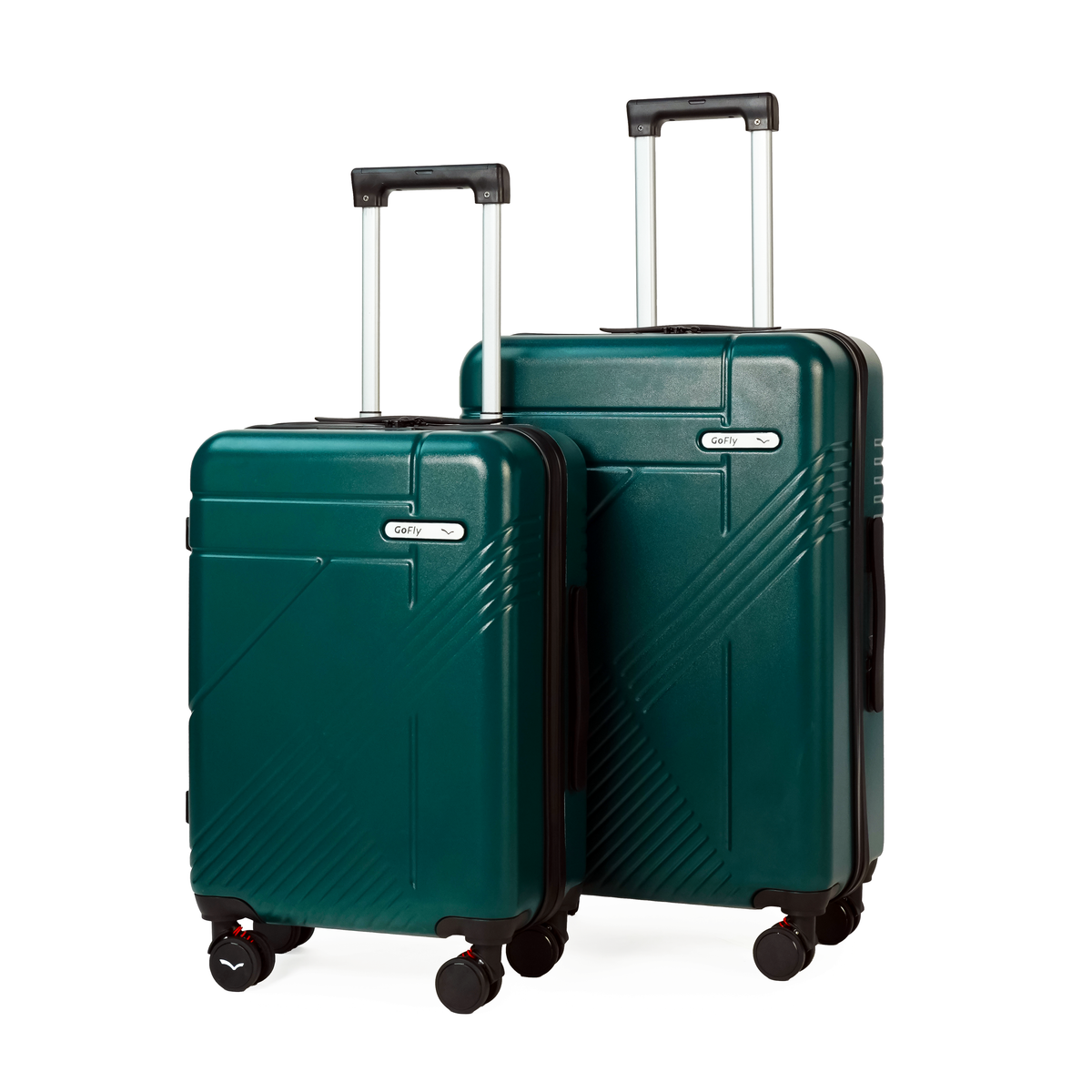 Two green suitcases with wheels on a white background
