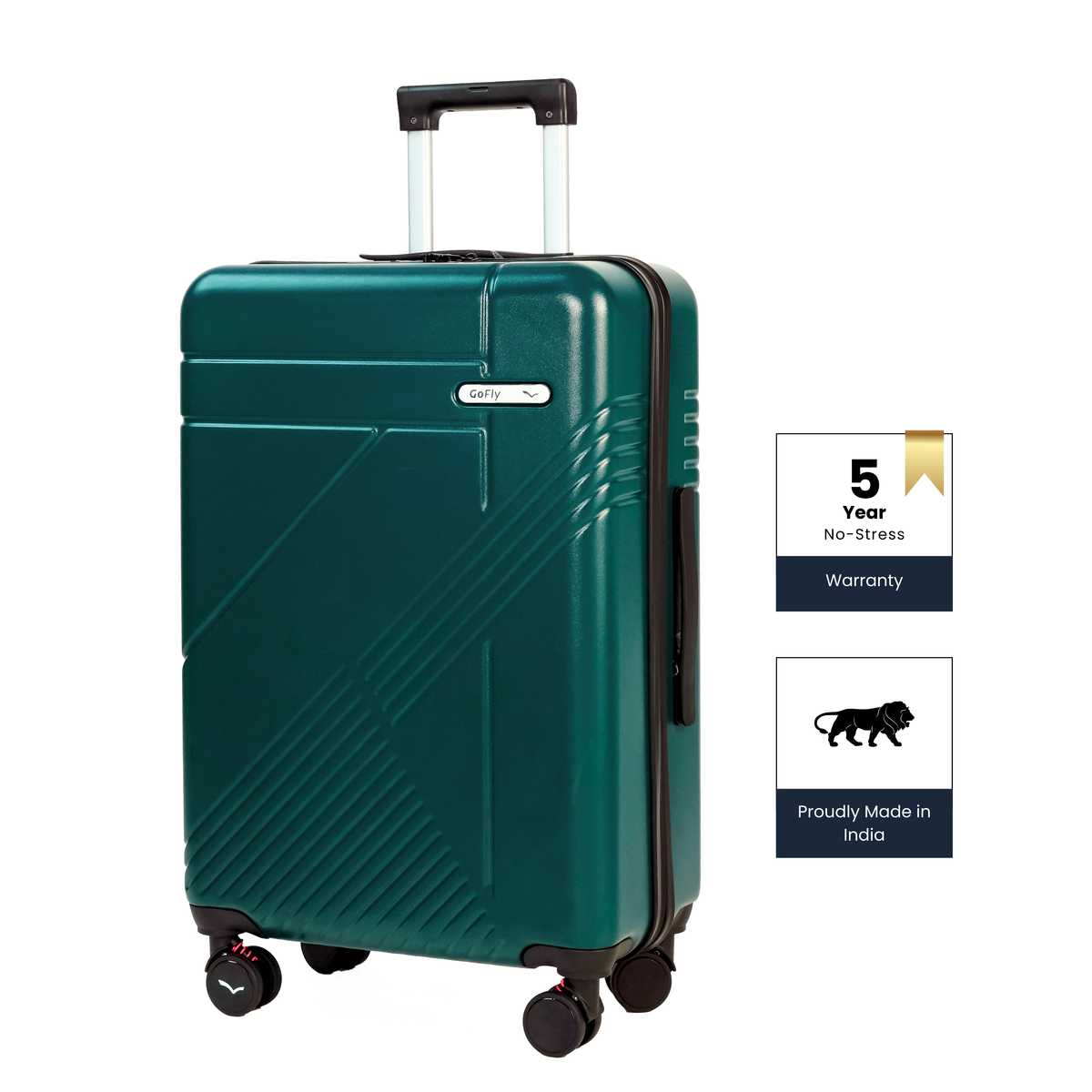 Dark Green suitcase with warranty and made in India labels on a white background
