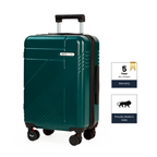 Green suitcase with brand logo and warranty information on a white background