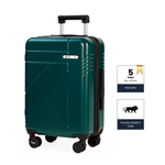 Green suitcase with brand logo and warranty information on a white background
