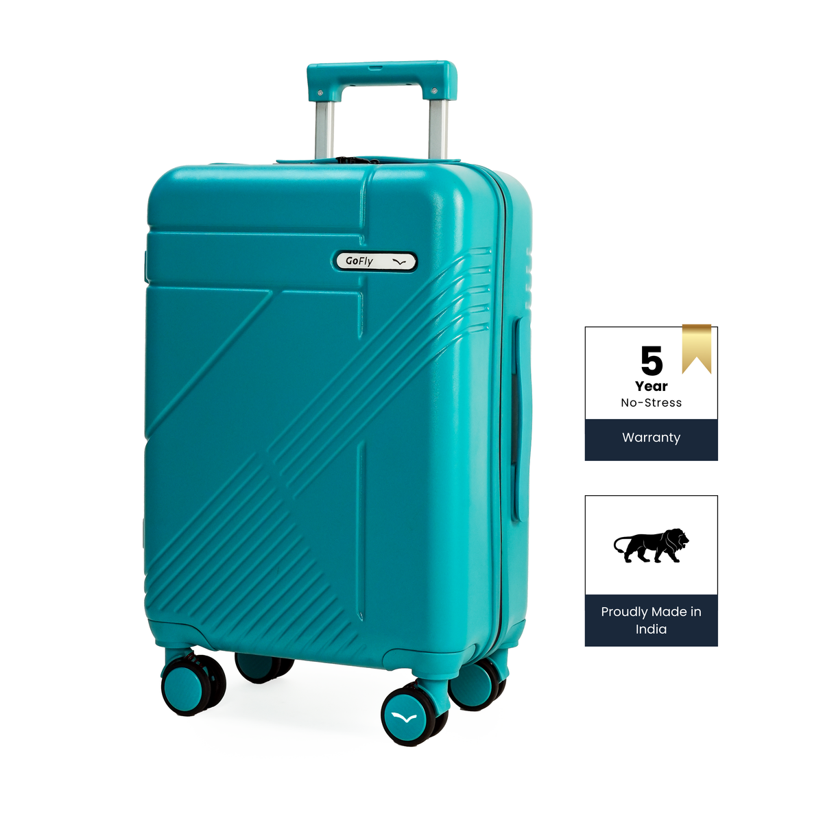 Teal Blue suitcase with brand logo on a white background