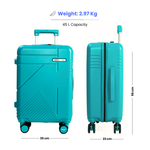 Turquoise suitcase with dimensions and weight information on a white background