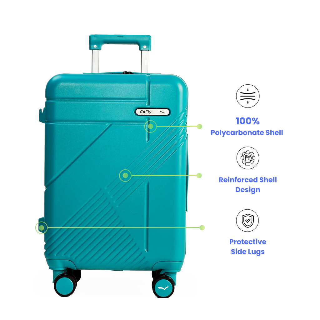 Teal suitcase with features highlighted on a white background