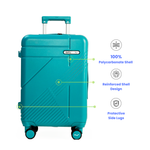 Teal suitcase with features highlighted on a white background