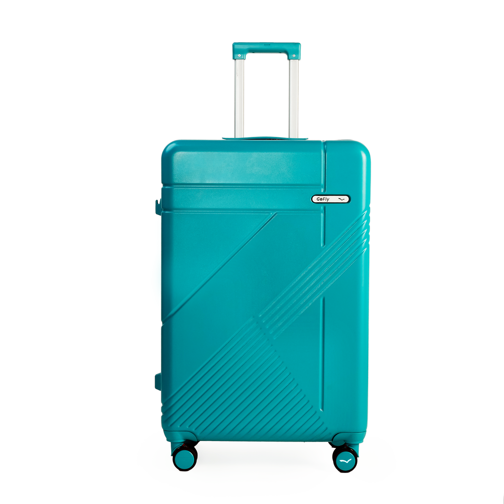 Turquoise suitcase with a visible brand logo on a white background