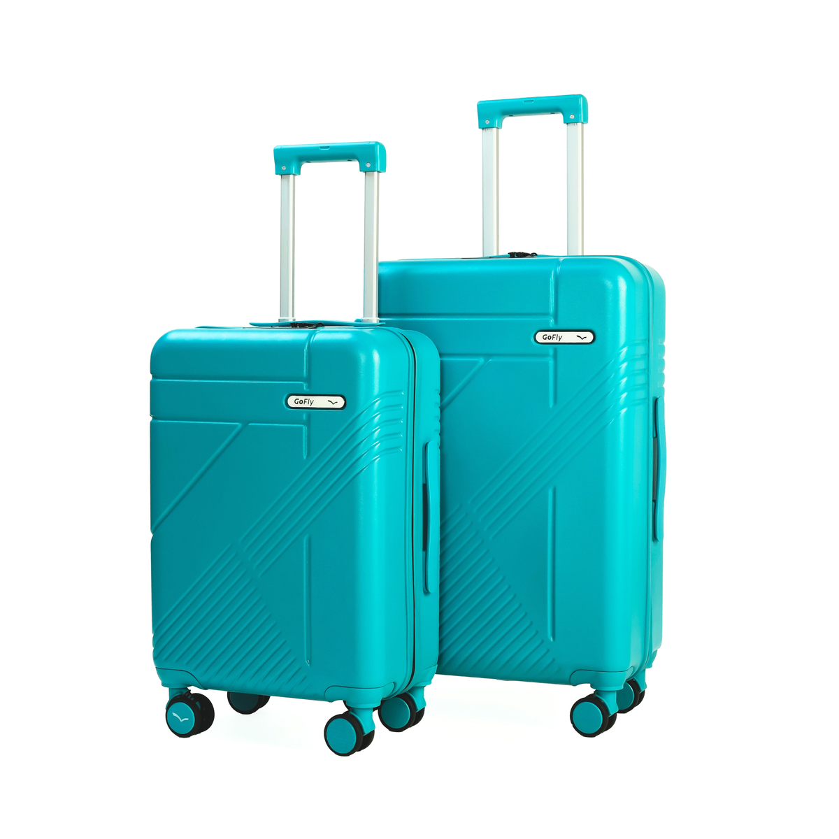 Two turquoise suitcases with wheels on a white background