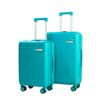 Two turquoise suitcases with wheels on a white background