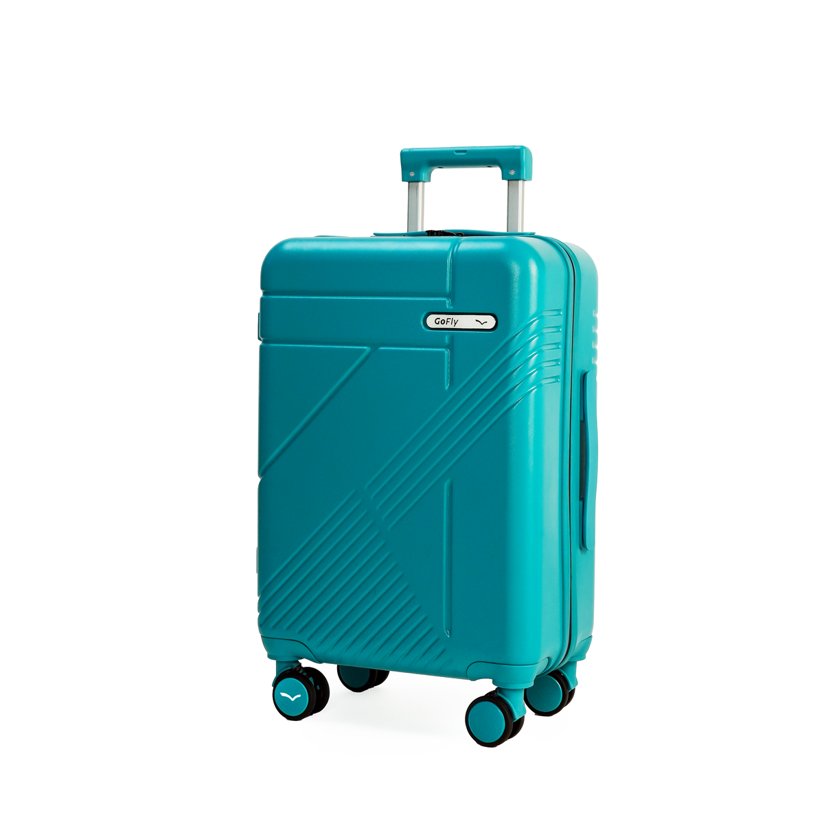 Turquoise suitcase with a visible brand logo on a white background