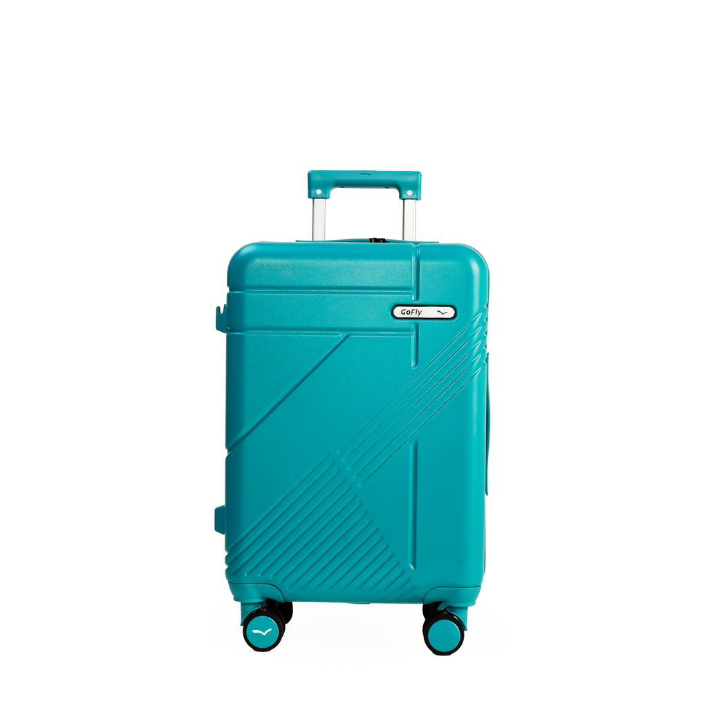 Turquoise suitcase with a visible brand logo on a white background