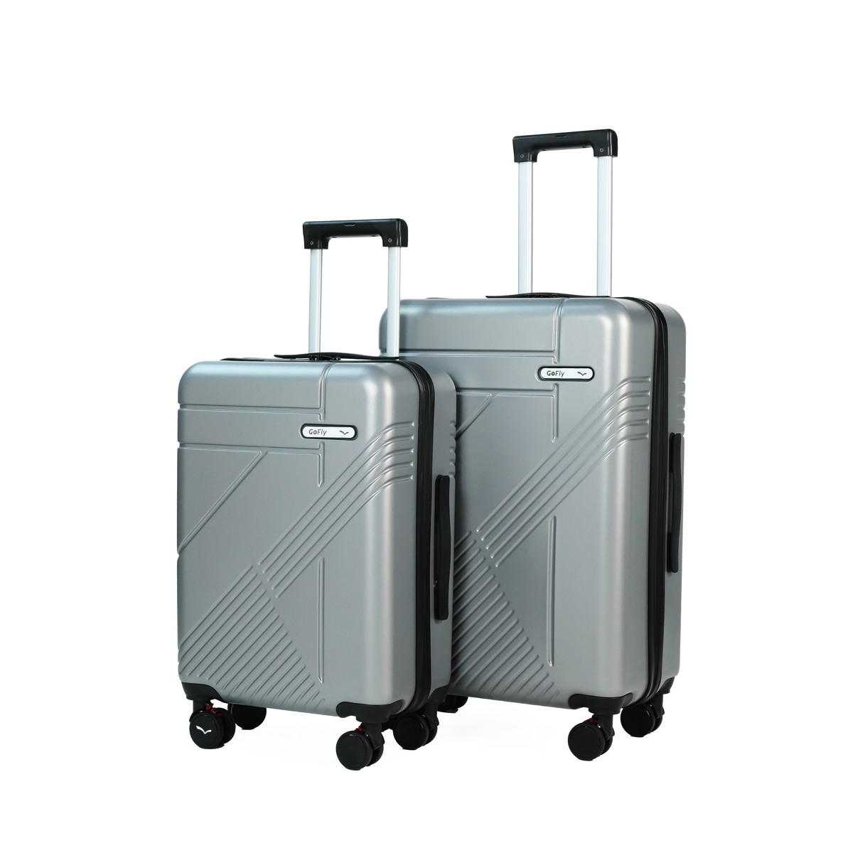 Two silver suitcases with black handles and wheels on a white background