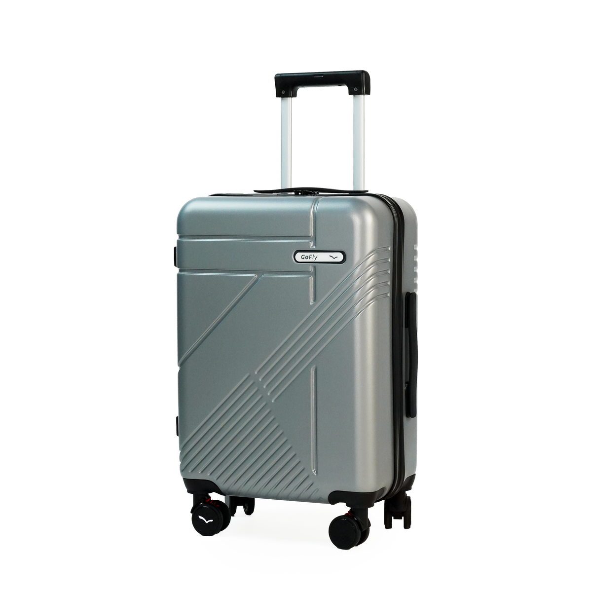 Gray suitcase with black handle and wheels on a white background