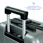 Gray suitcase with a black handle and visible Smart Recovery Tech features on a white background