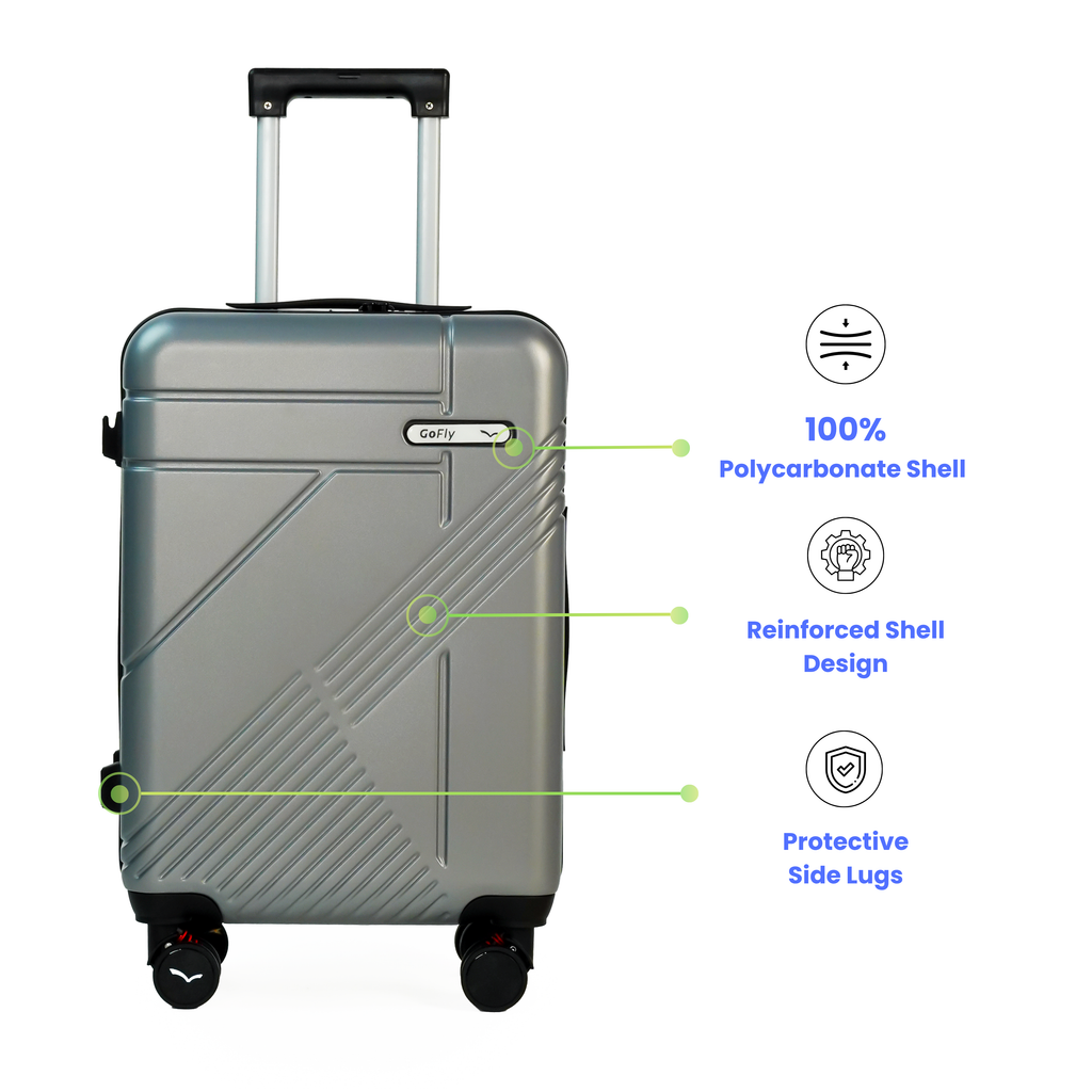 Silver suitcase with features highlighted on a white background