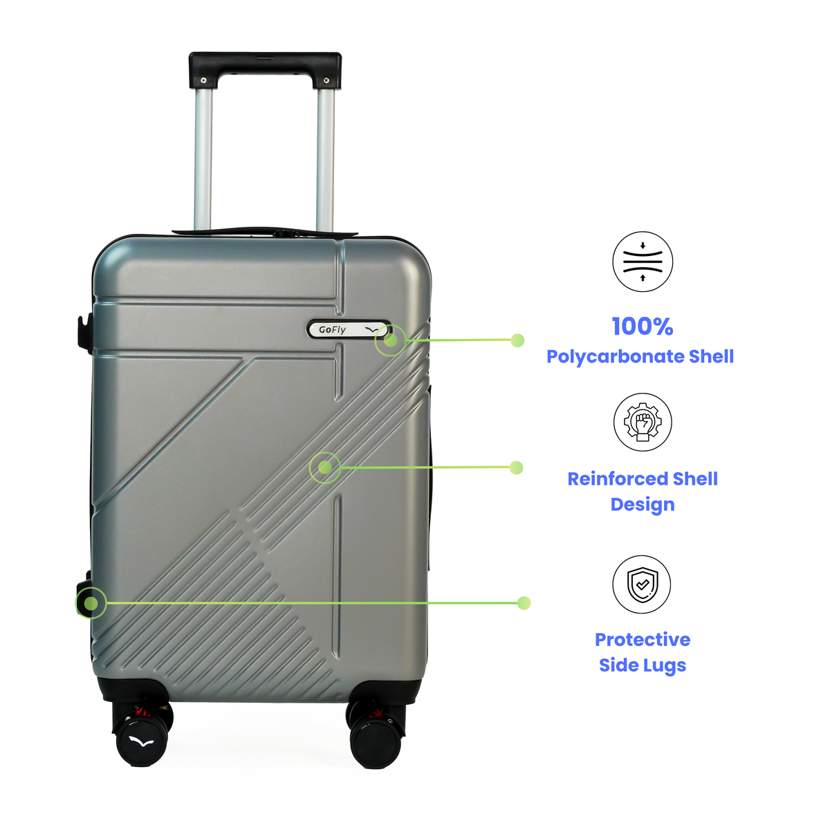 Silver suitcase with features highlighted on a white background