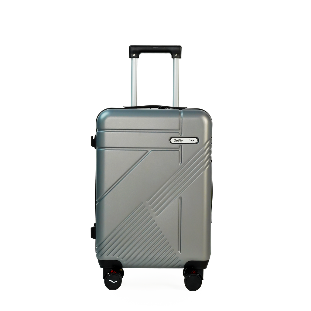 Silver suitcase with a brand logo on a white background
