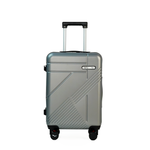 Silver suitcase with a brand logo on a white background