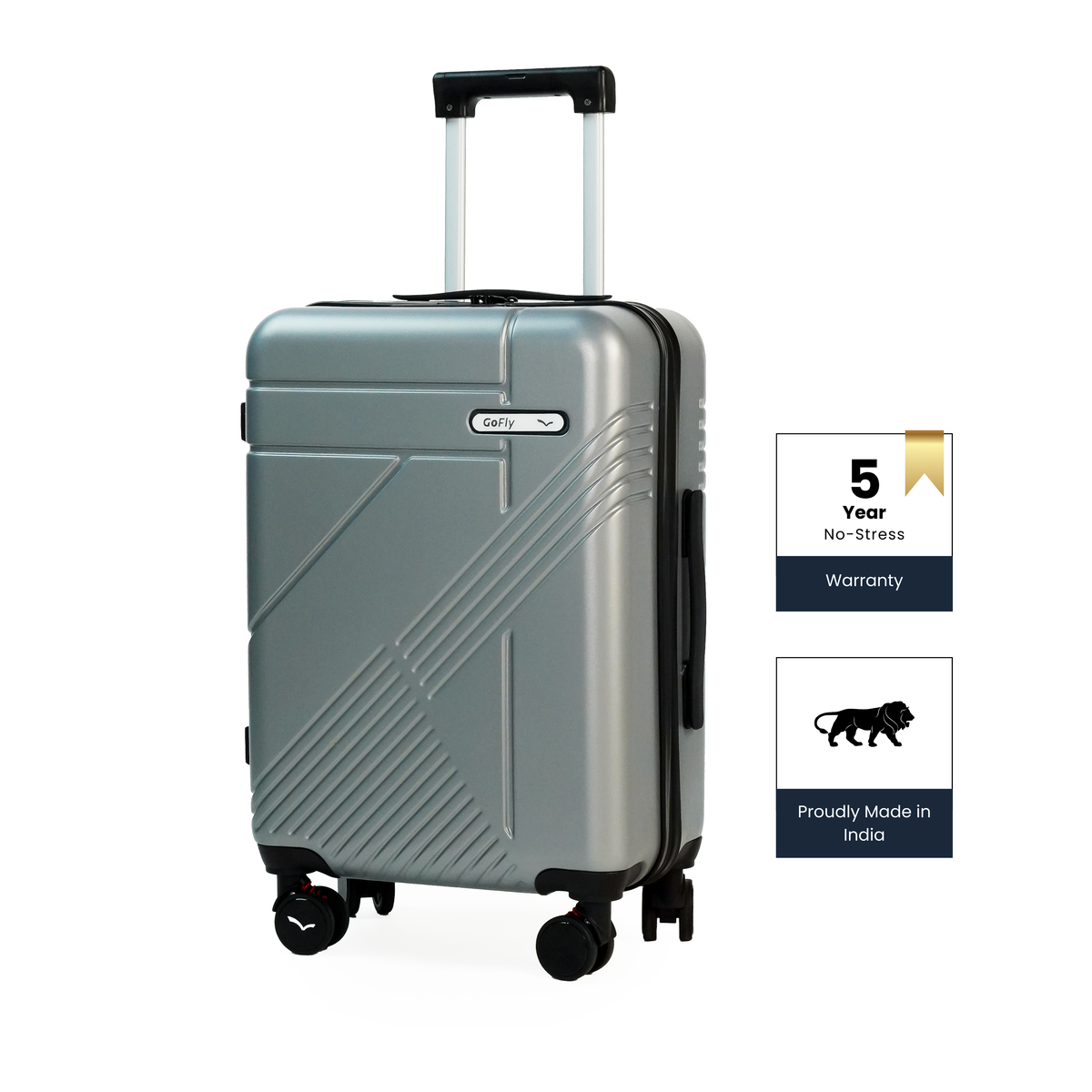 Gray suitcase with brand logo and warranty information on a white background