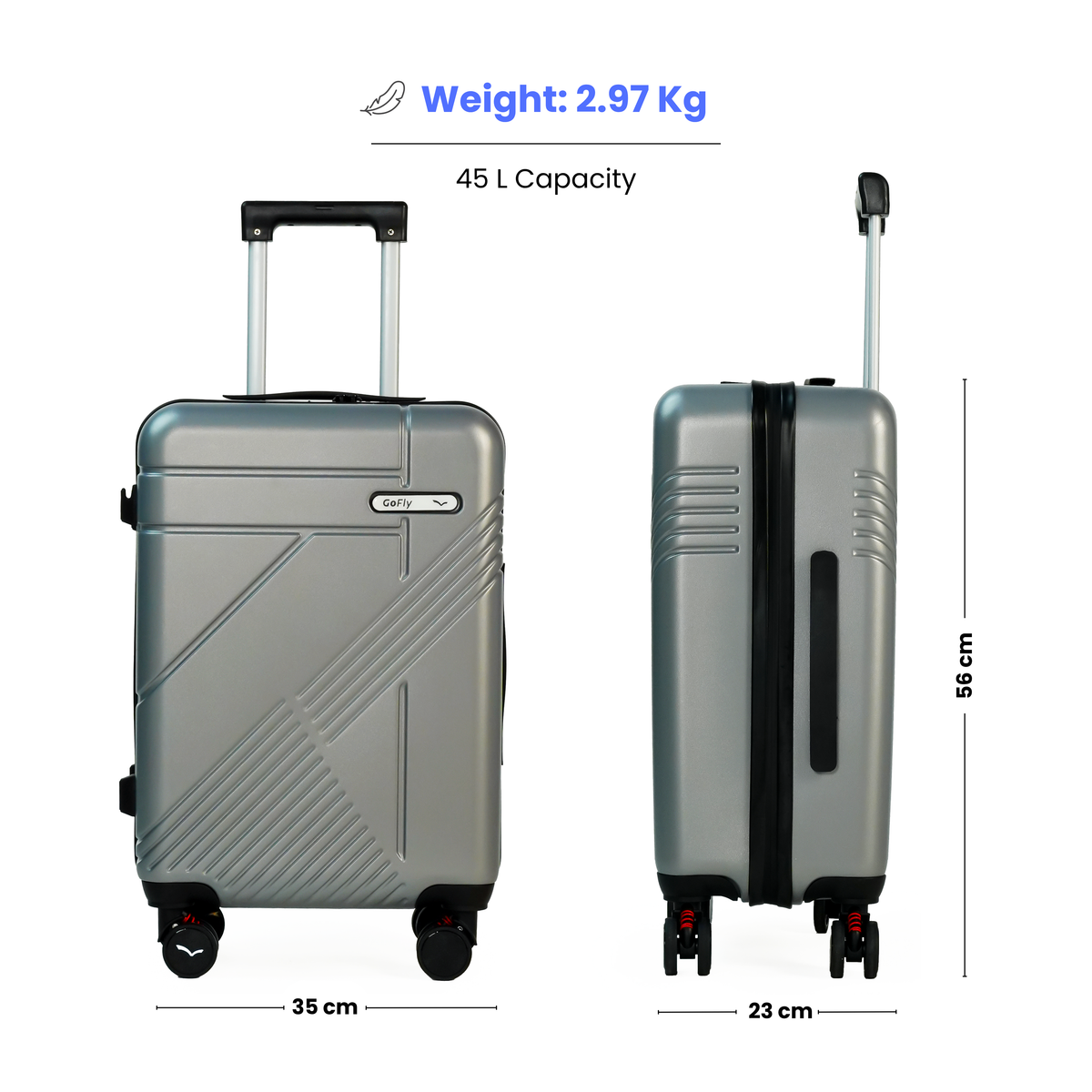 Silver suitcase with dimensions and weight information on a white background