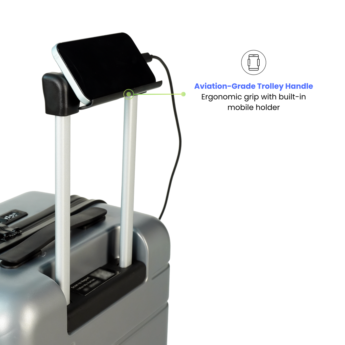 Suitcase with an ergonomic grip and built-in mobile holder on a white background