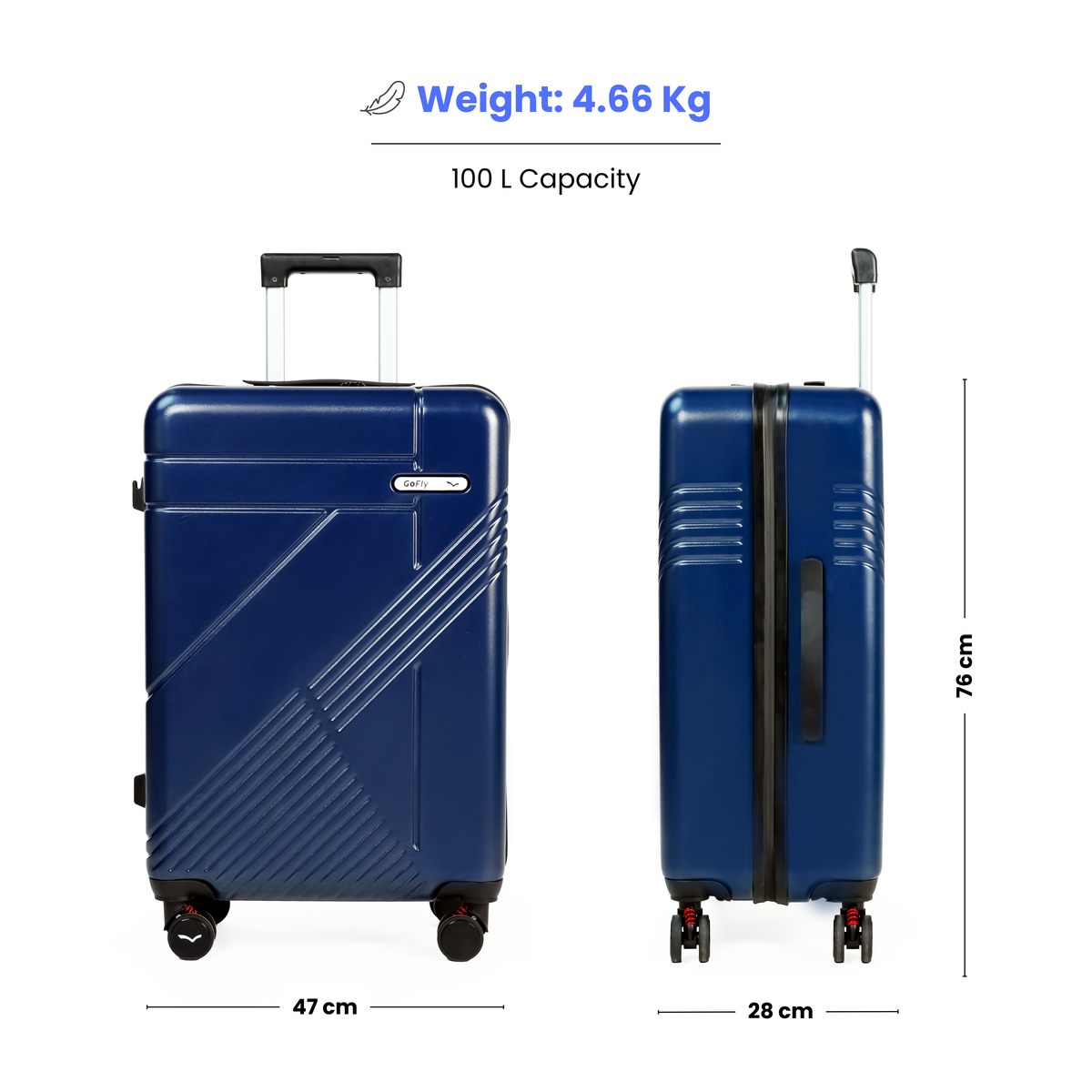 Navy Blue suitcase with weight, capacity, dimensions, and brand logo displayed on a white background