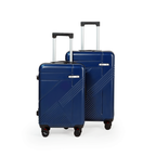 Two blue suitcases with wheels on a white background