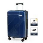 Navy Blue suitcase with brand logo and warranty information on a white background