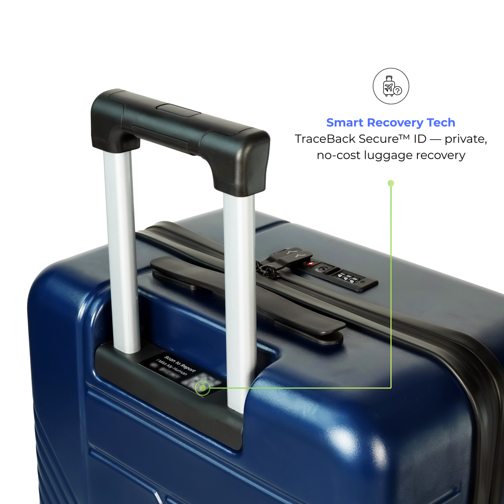 Navy Blue suitcase with smart recovery technology features on a white background