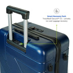 Blue suitcase with smart recovery technology features on a white background