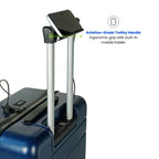 Navy Blue suitcase with an aviation-grade trolley handle and built-in mobile holder on a white background.